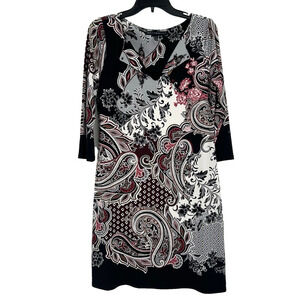 WHBM Floral Shift Dress Black White Boho 3/4 Sleeves Paisley Stretch Size M